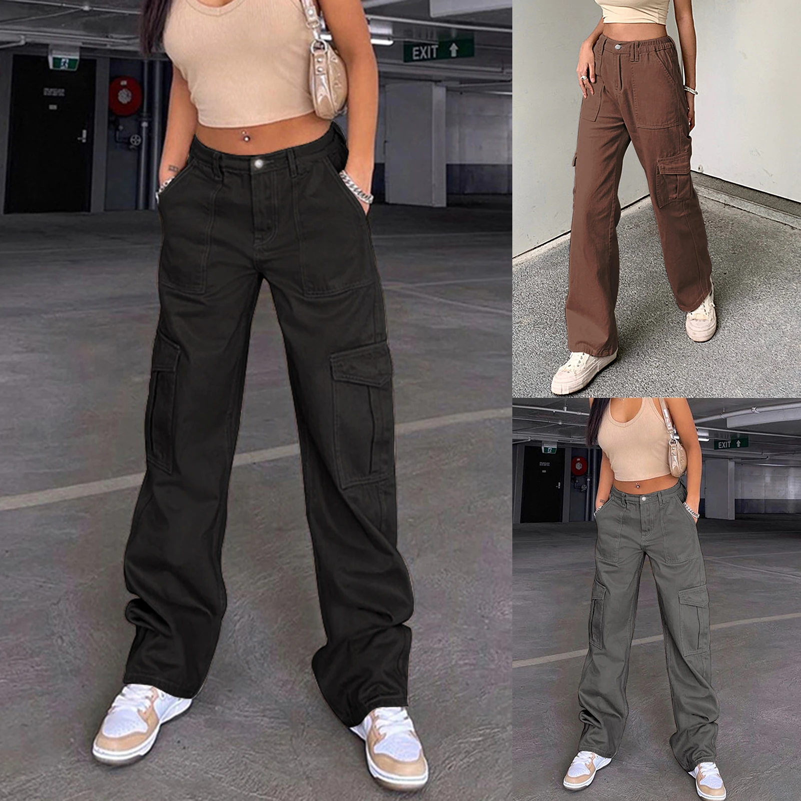 

Wide Leg Trousers Women High Waisted Pants Zipper Closure Cotton Pants with Pockets Loose Fit Solid Color Button Streetwear Suit