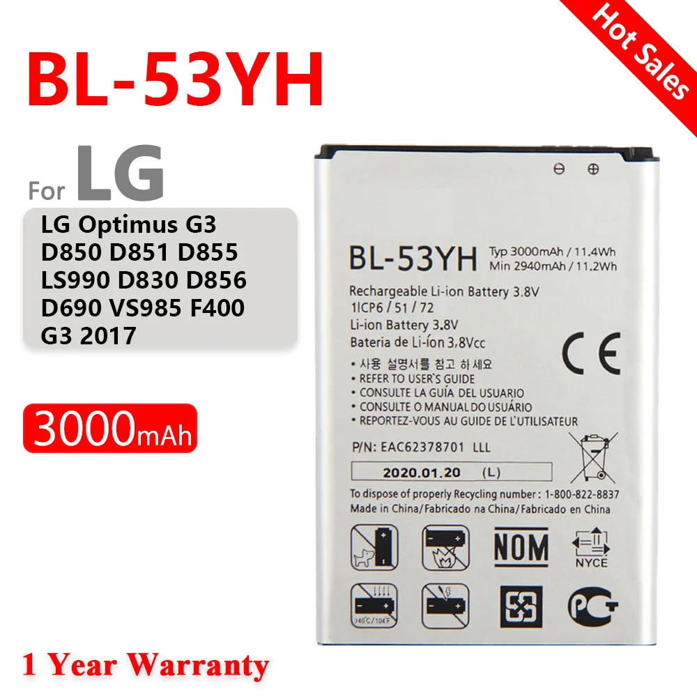 

BL-53YH Replacement Battery for LG G3 D858 D855 D857 D859 D850 F400 F460 F470 F400L D830 D851 VS985 BL 53YH BL53YH Bateria