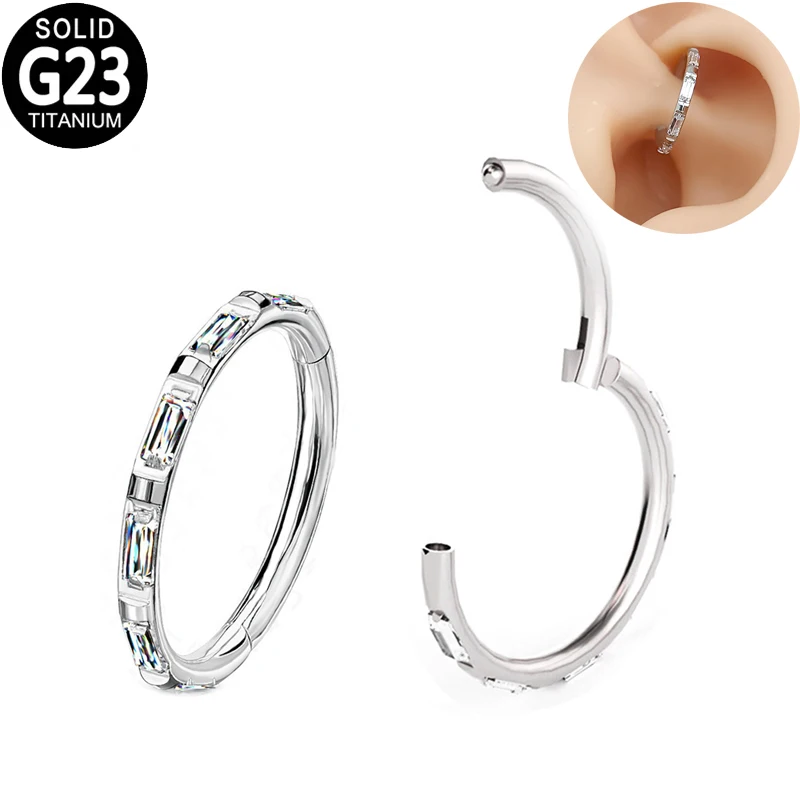 

G23 Titanium Nostril Piercing Daith Earrings Side Rectangular Zircon Hinged Segment Hoop Ear Tragus Helix Nose Ring Jewelry