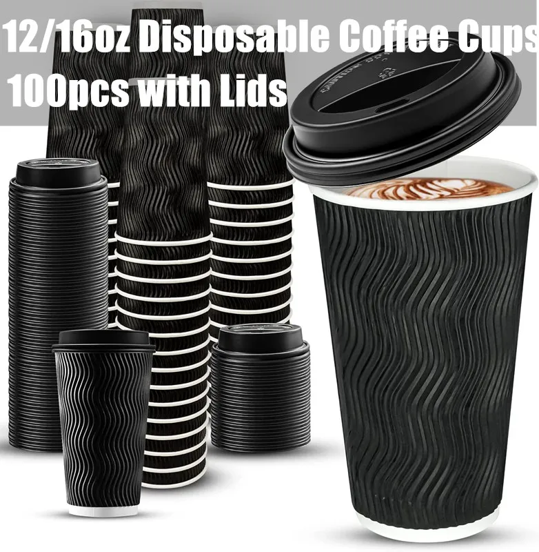 

100PCS 16OZ Disposable Coffee Cups with Lids Paper To-Go Coffee Cups Kraft Ripple for Bars,Hot Chocolate,Cocoa Party Daily life