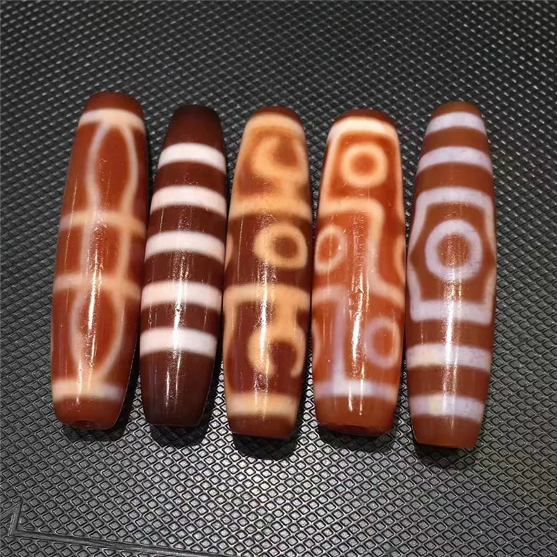 

220824-2 5Pcs/Lot Natural Agate 11-13mm*45-48mm Red Different Pattern Amulet Tibetan Dzi Beads for Fine Jewelry Making