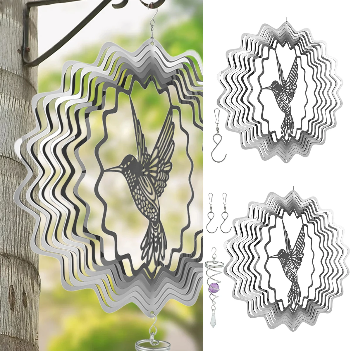 

3D 11.8Inch Wind Spinner Large Hummingbird Wind Chimes Metal Hanging Wind Sculptures Garden Spiral Wind Catchers for Outdoor