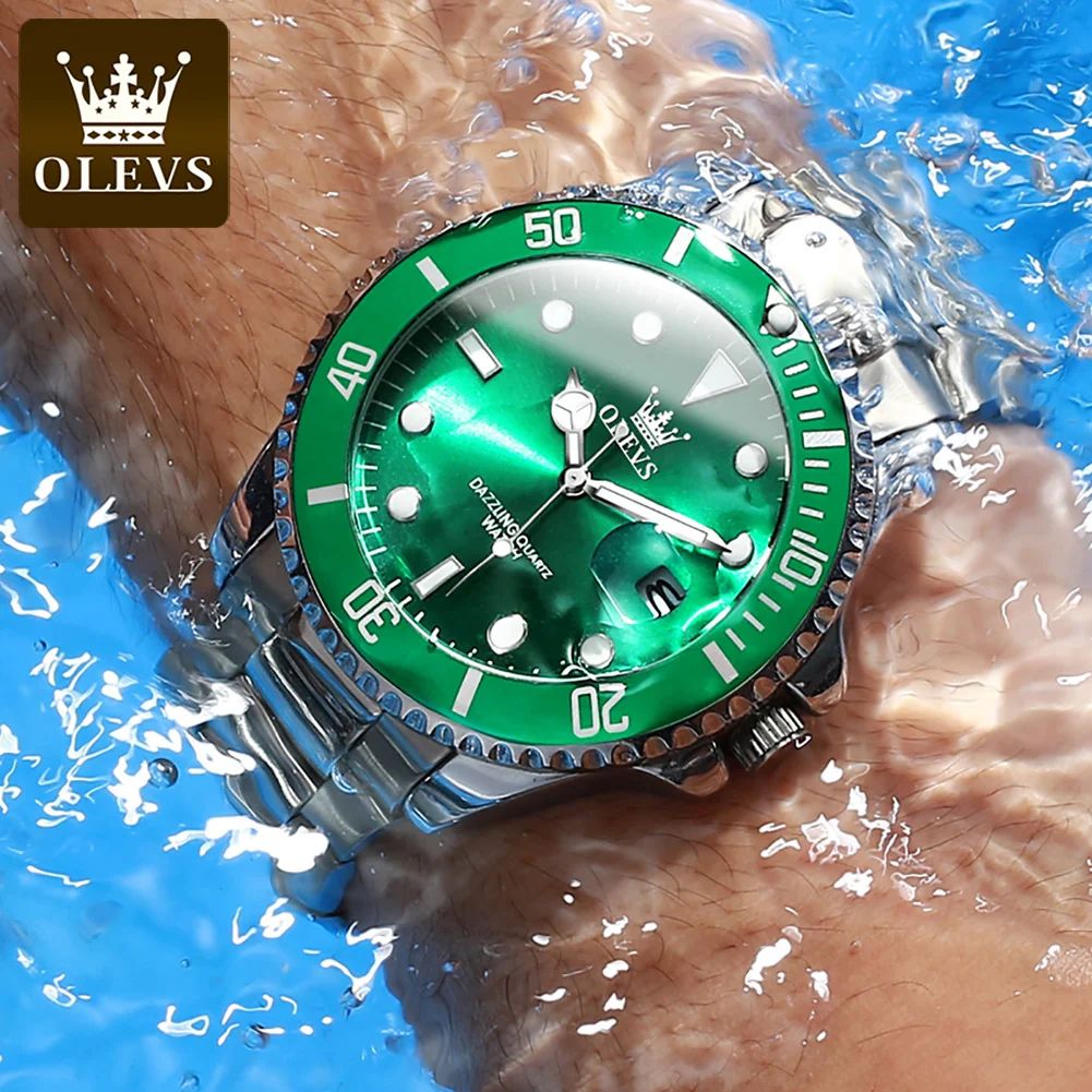 OLEVS Couple Watches Luxury Original Quartz Men and Women Green Wristwatch Waterproof Luminous Date Week His and Her Sets
