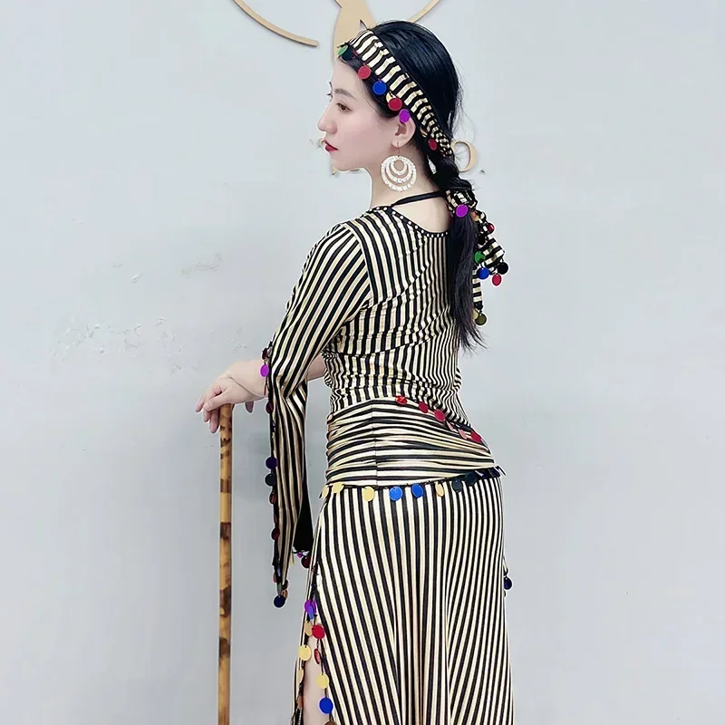 Женское платье для танца живота шелковое с золотыми блестками 2022