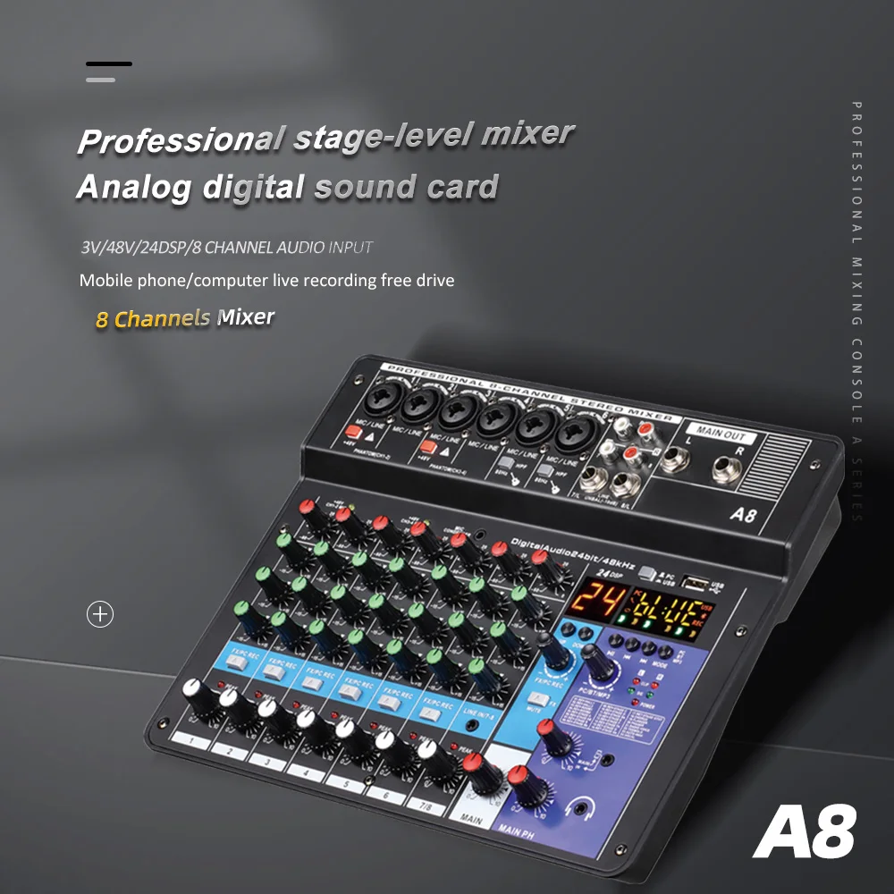 

8 6 4 Channel Professional Portable Mixer Sound Mixing Console Computer Input 48V Power Number Live Broadcast A4 A6 A8 New