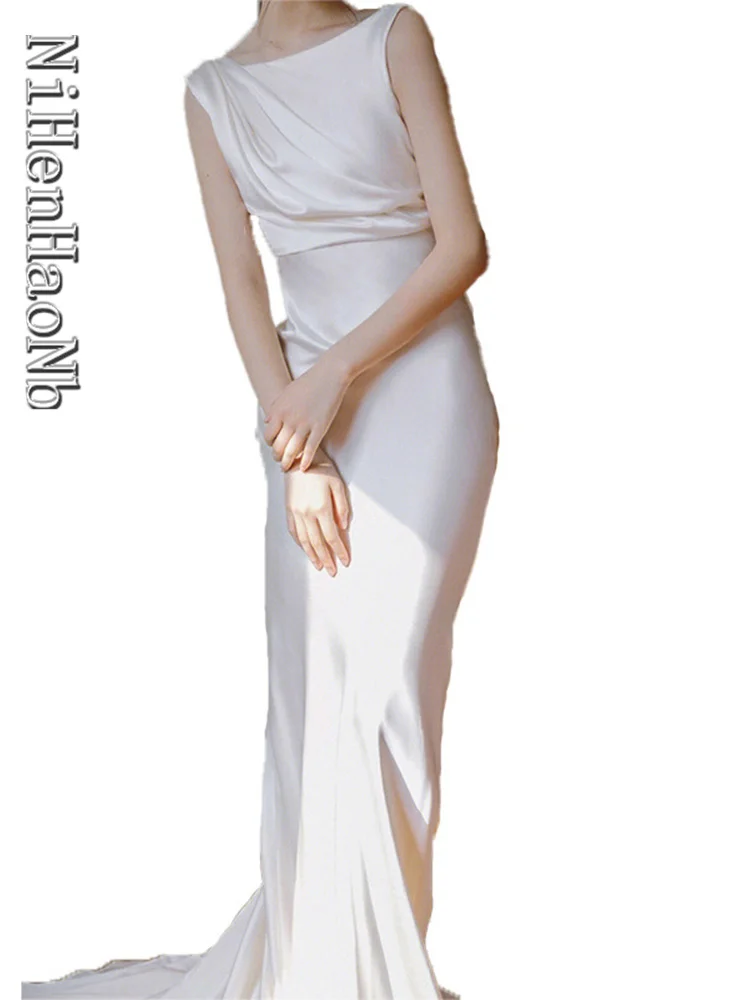 

Summer Elegant Women Sleeveless White Wedding Dress Vintage Slim Solid Female Chic Robe De Mariage Satin