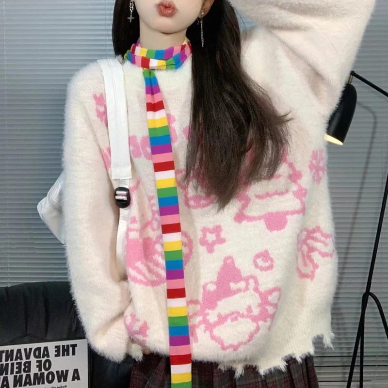 Sanrio Hello Kitty новые милые свитера женский милый мягкий пуловер с круглым вырезом