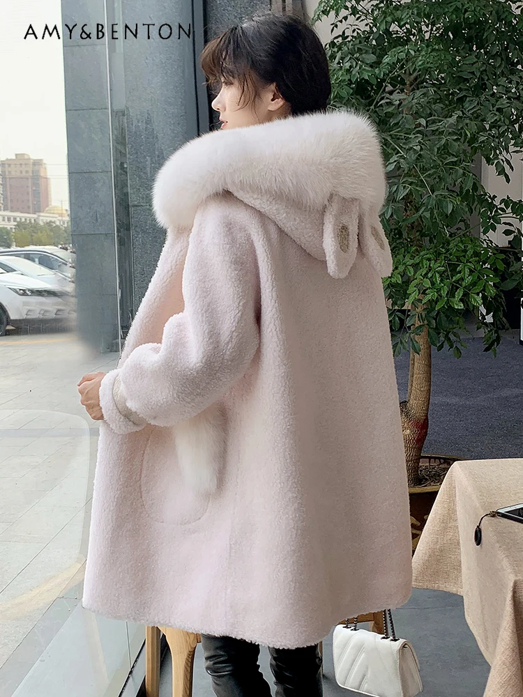 

Зимнее Новое милое меховое интегрированное пальто с капюшоном с кроличьими ушками корейская мода розовое кавайное пальто из меха ягненка универсальное тонкое женское пальто средней длины