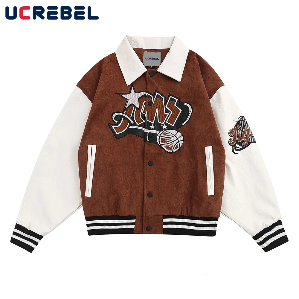 

Contrast Paneled Baseball Uniform Mens Autumn Winter Letter Embroidery Motorcycle Jacket Streetwear Casual Lapel Outerwear Men