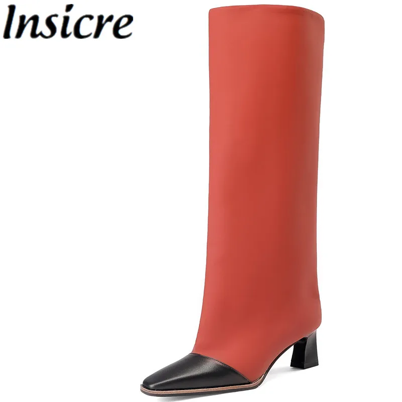 

Drestrive 2022 Fashion Women Knee High Boots Pointed Toe Patchwork Thick Heels Slip On Cow Leather Winter Shoes Red