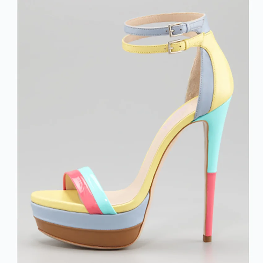 

Сандалии женские на платформе, босоножки с двойной пряжкой, круглый носок, высокий каблук, разноцветные