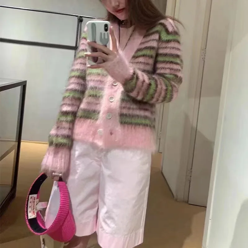 

2023 Autumn Women Cardigan Casual Wool V-Neck Mohair Coat Striped Warm Women High Street Striped Cardigan