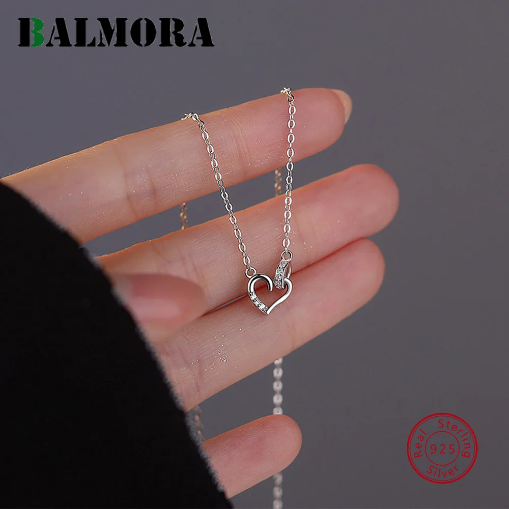 

BALMORA S925 Silver Romantic Simple Shiny Zircon Love Heart Necklace for Women Daily Life Chain Trendy Jewelry Accessories Gift