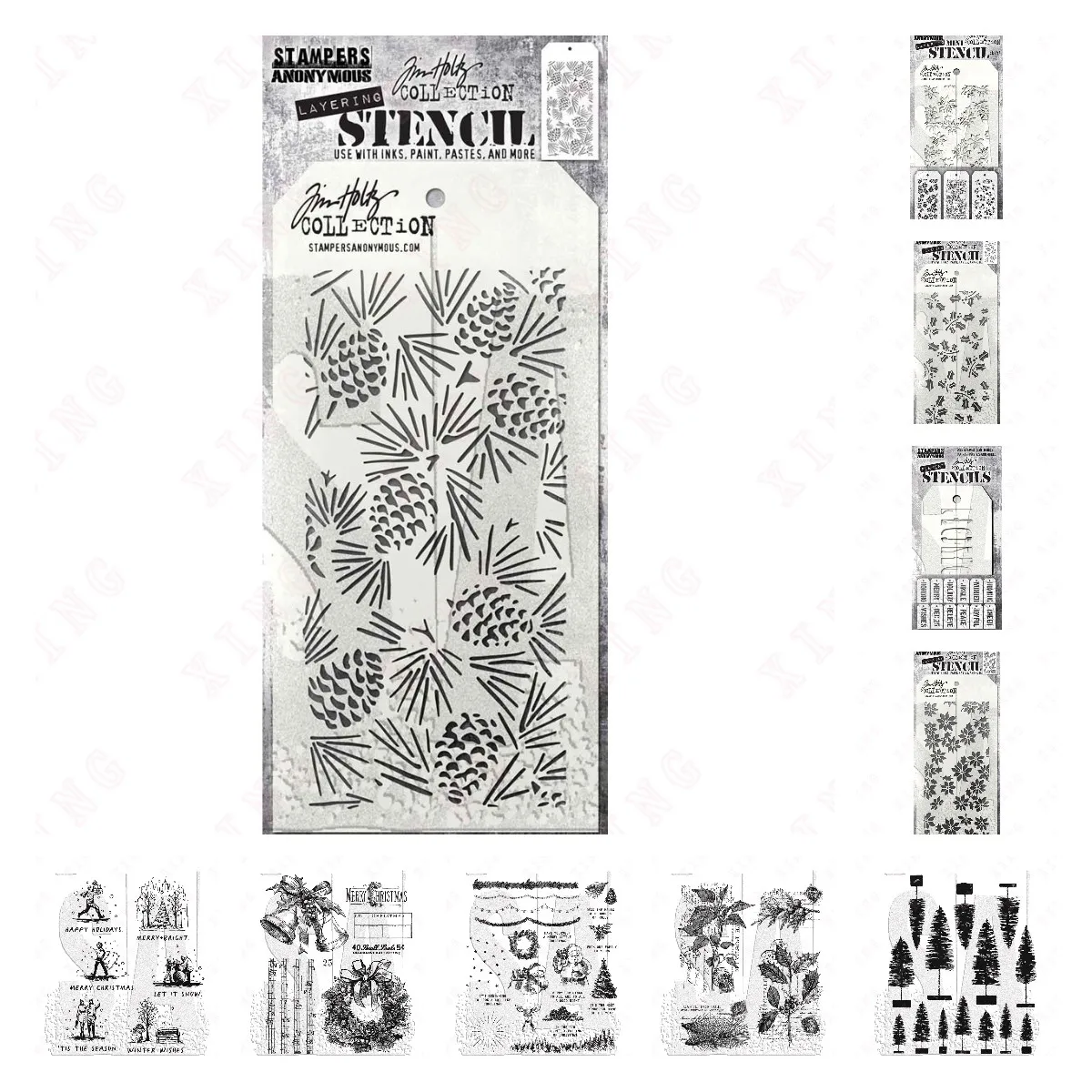 

2022 Christmas Deco Craft Album Card Metal Cutting Dies Stamps Trees Holiday Store Collage Poinsettia Pinecones Mini Stencil Set