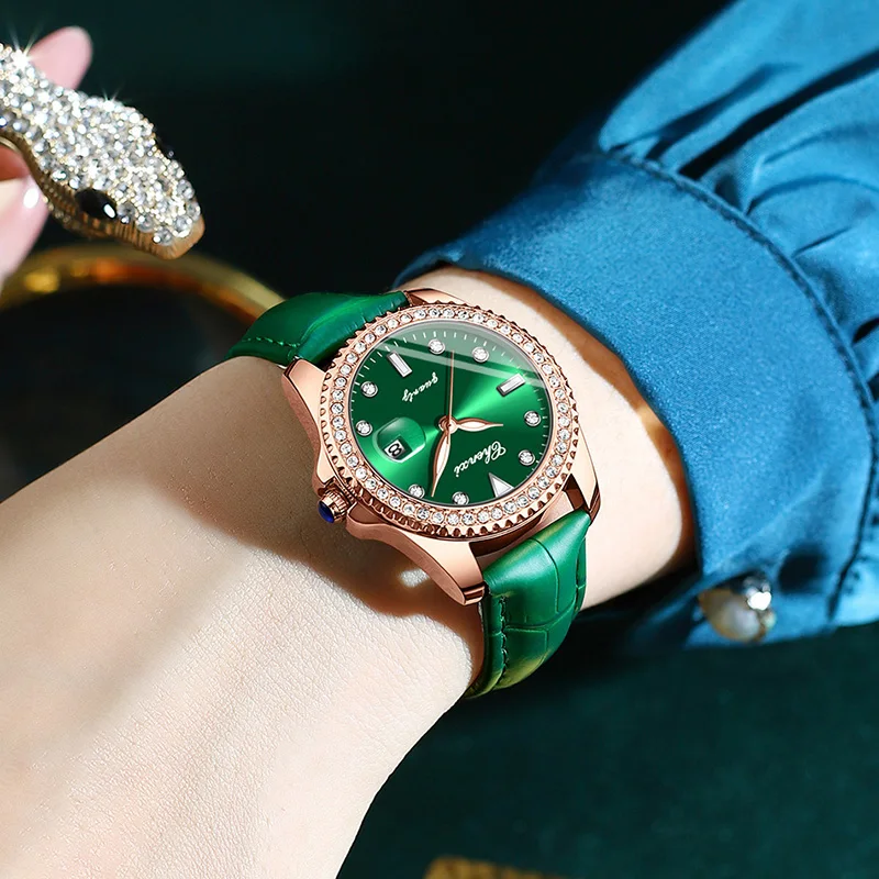 Vintage Style Green Dial Women Watch CHENXI Brand Stainless Steel Wristwatch Rhinestone Design Valentine's Day Gift for Lover