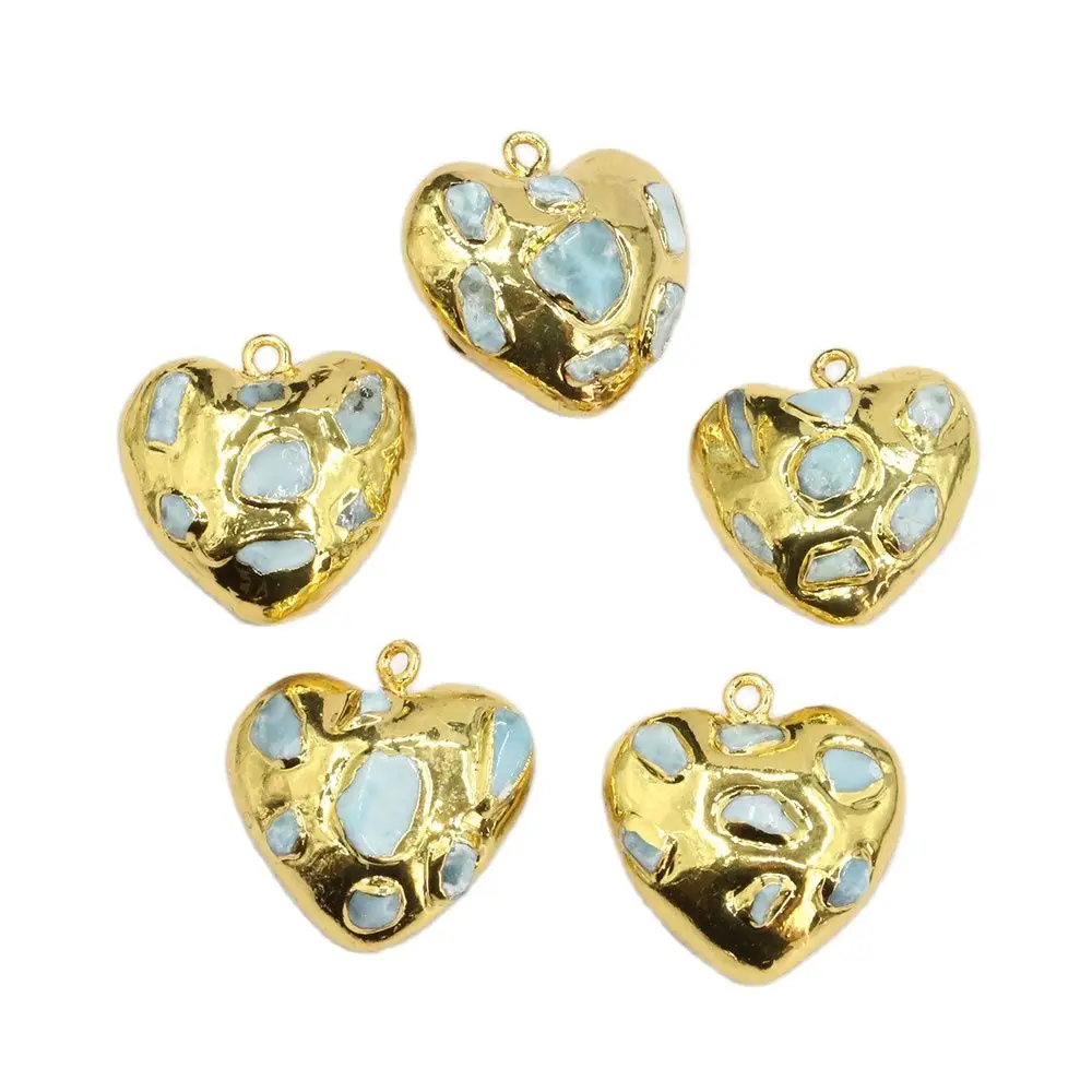 

APDGG 5Pcs Natural Blue Larimar Heart Shaped Pendant 24K Metal Plated Pendant charm Necklace Jewelry Making DIY