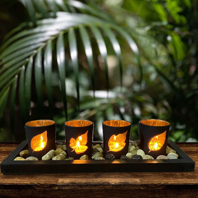 

Black Leaf Hollow Candlestick Wooden Creative Set Glass Candle Table Crafts Decorative Ornaments Home Decor