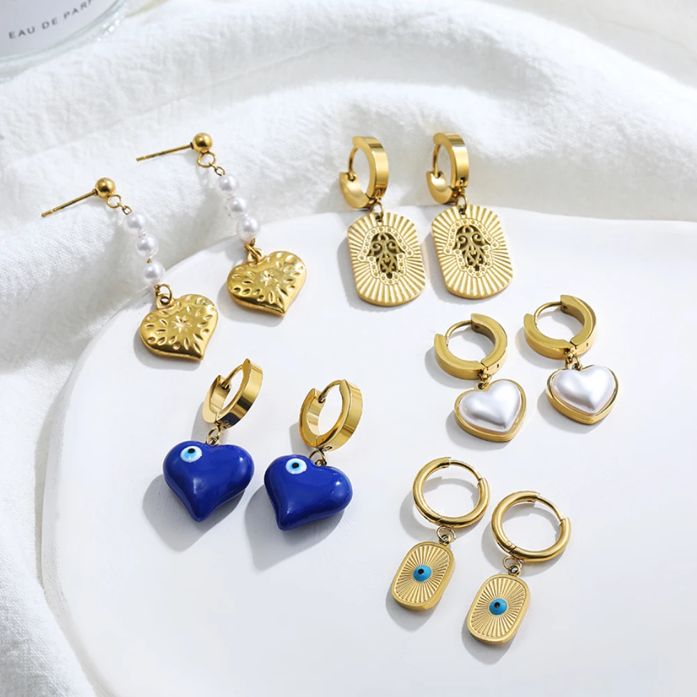 

Fashion Korean Gold Color Piercing Hoop Earrings Geometric Heart Pendant Huggie Brincos for Women Stainless Steel Jewelry