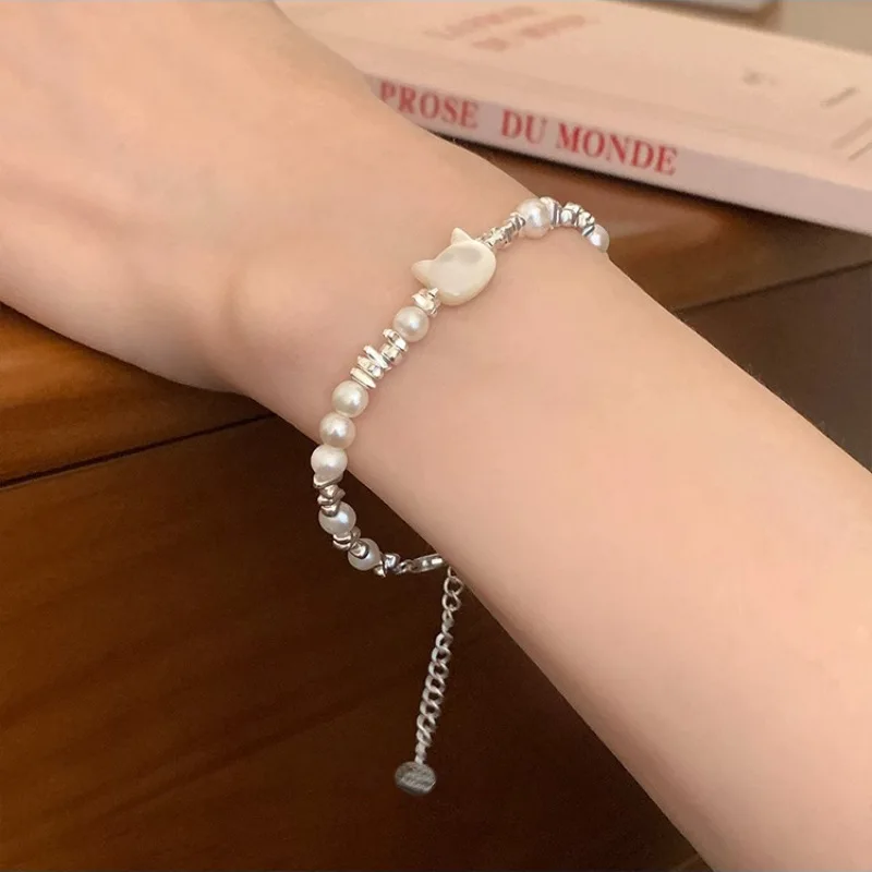 

New Arrival 925 Sterling Silver Irregular Moonstone Cat Bracelet for Women Girl Bead Pearl Temperament Jewelry Gift Dropshipping