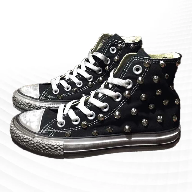 

Punk style street dance classic handmade canvas shoes High top riveted lace-up casual shoes men and women plus size 35-46
