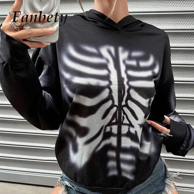 

Женские толстовки с капюшоном и принтом скелета, повседневные свободные женские свитшоты на Хэллоуин, женские осенние модные пуловеры с длинным рукавом