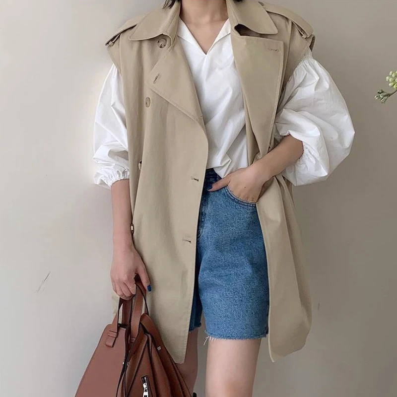 

Женский двубортный свободный Тренч, куртка без рукавов в корейском и британском стиле с отложным воротником, одежда на осень 2022