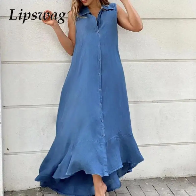 

Модное однотонное Длинное Платье женское Элегантное Длинное платье без рукавов офисные женские летние сексуальные пляжные платья с отложным воротником на пуговицах