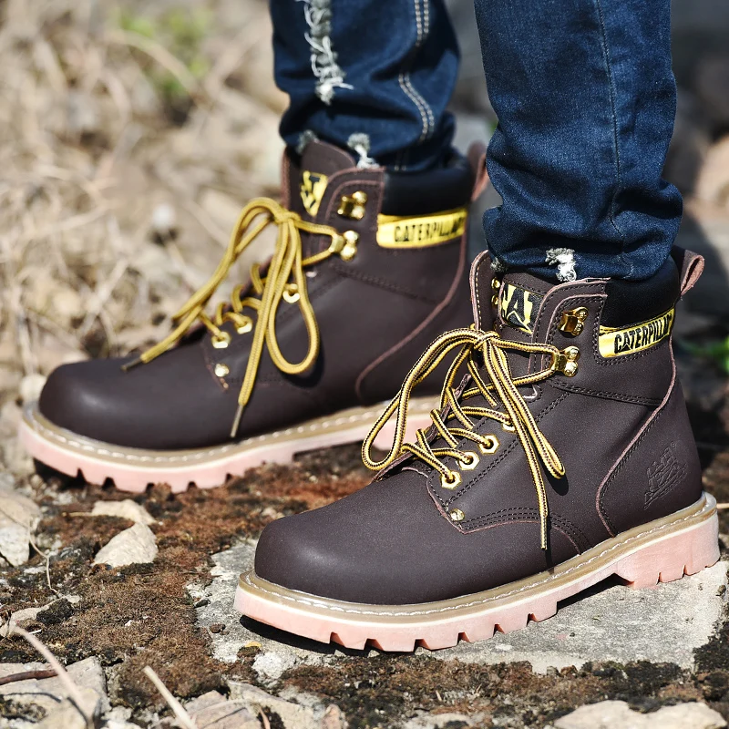 Couple's Leather Tooling Shoes Steel Head Impact Resistant Plush Wear-Resistant Outdoor Sports Lace Up For Men Hiking Sneakers