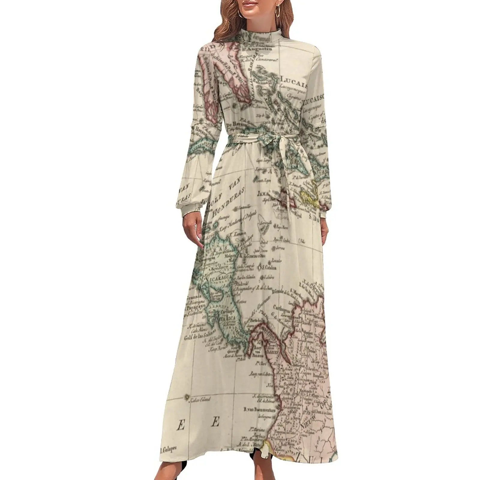 

Vintage Map Print Dress West Indies Caribbean Street Wear Boho Beach Dresses Lady Long Sleeve High Waist Elegant Long Maxi Dress
