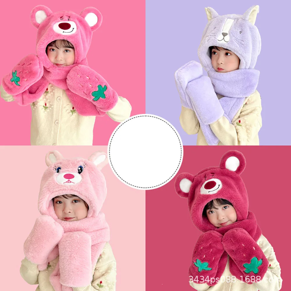 

Kawaii Cartoon Lots-O'-Huggin' Bear Plush Hat Girl Boy Winter Warmth Ear Headband Thickened with Scarf Gloves Hats Three In One