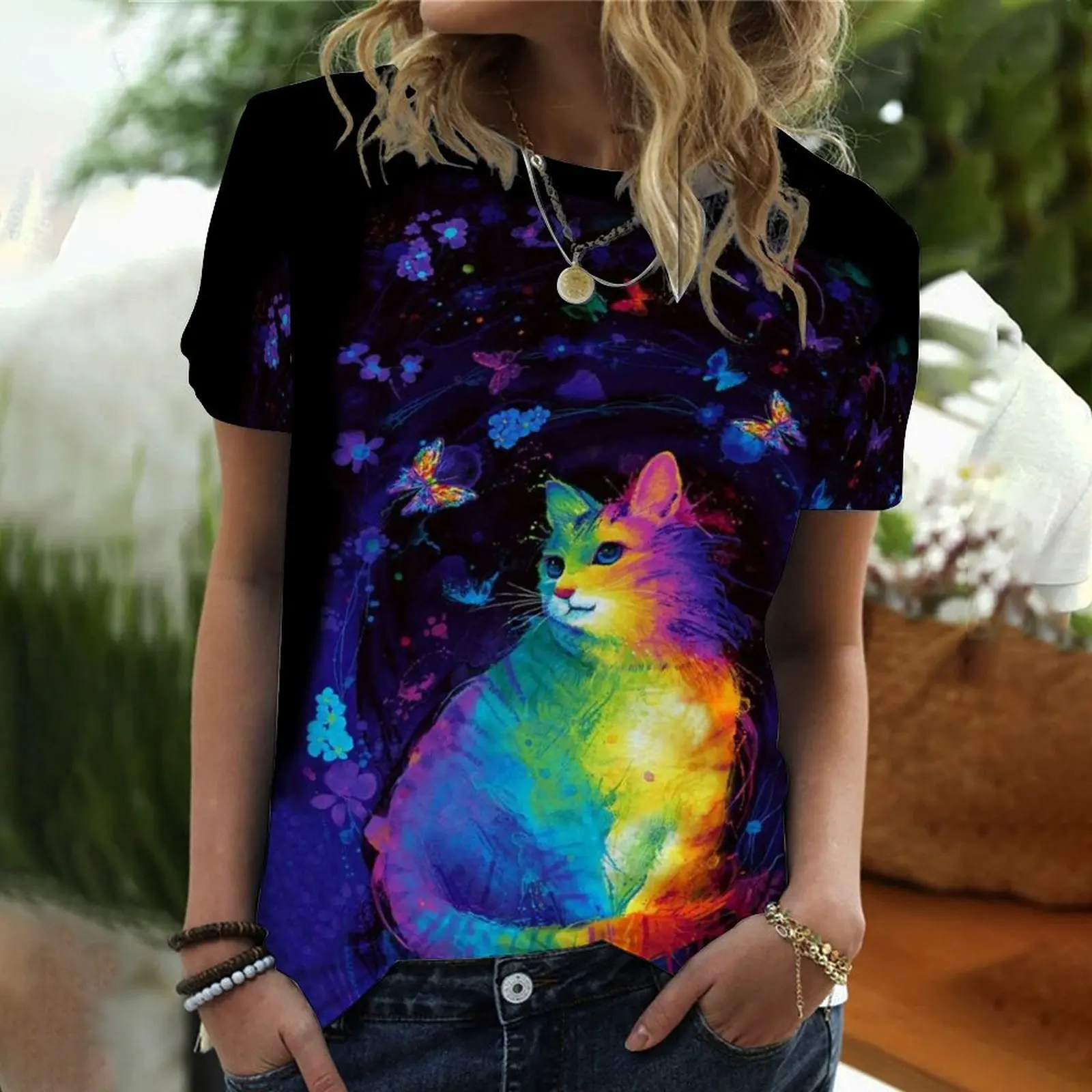 

2022 Летняя женская футболка с 3D рисунком, базовые Топы с 3D принтом и круглым вырезом, синий фиолетовый розовый