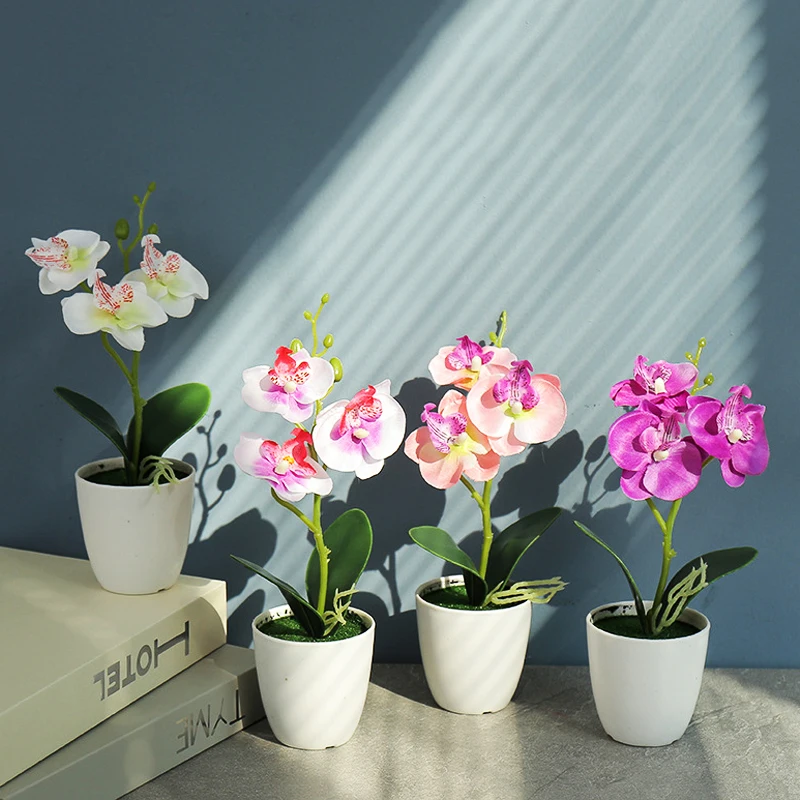 

Mini Artificial Phalaenopsis Bonsai Simulated 3 Flowerheads Plant Bonsai for Dining Room Desktop Fake Flower Potted Home Decor