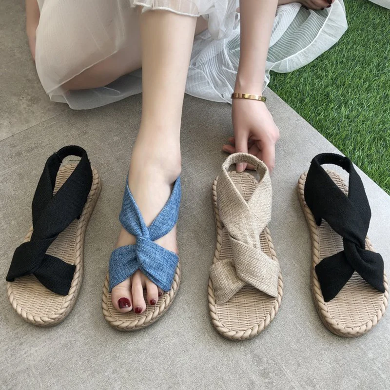 Fashion Blue Sandals Women Twist Decor Denim Slingback Sandals Women Slides Flat Heel Outdoor Beach Summer Woman Slippers