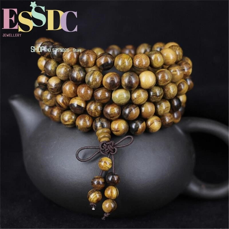 

Natural Indonesian Kalimantan Flower Qinan 12-8MM 108 Mala Fragrant Wood Beads Tiger Skin Pattern Strand Bracelets