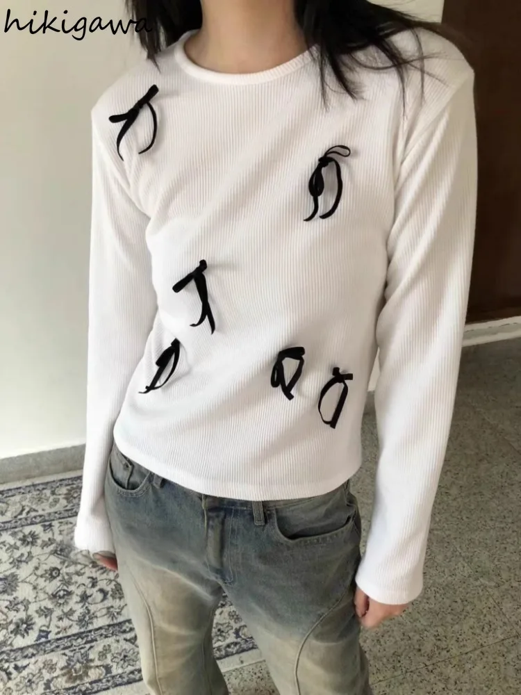 Укороченные топы корейские футболки для женщин хлопковые с длинным рукавом и