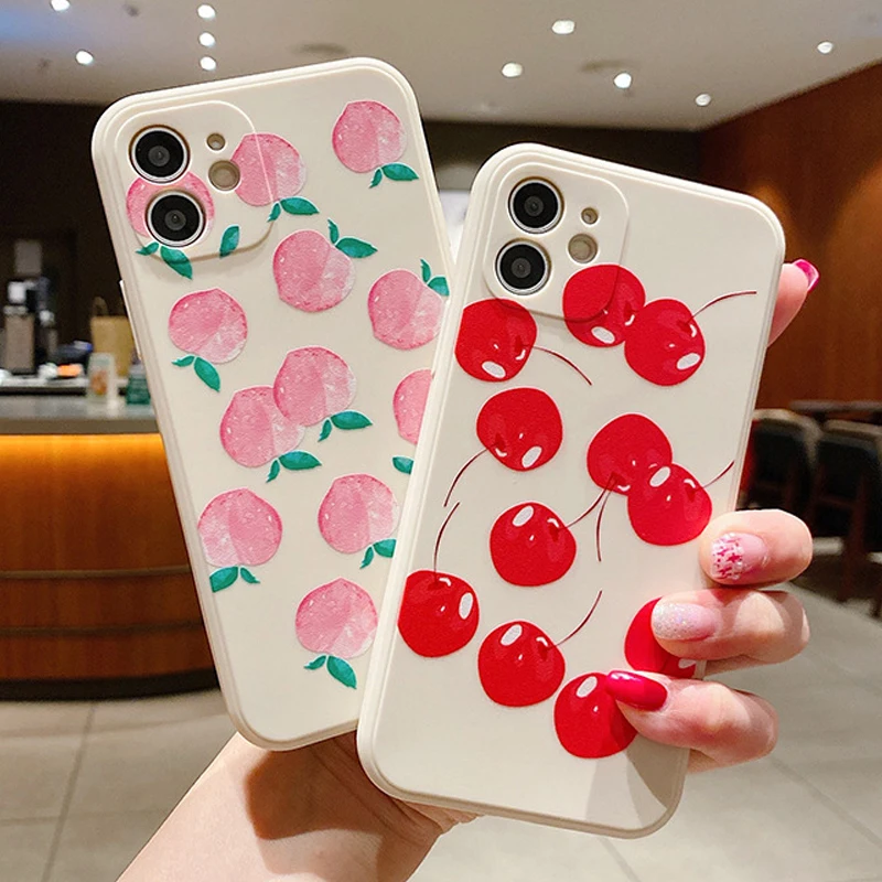 

Cases For iPhone13 Pro Max Mini 11 12 Pro Max X XR XS Max SE 2020 8 7 6 6S Plus Peach Cherry Simplicity Soft Silicone Cover