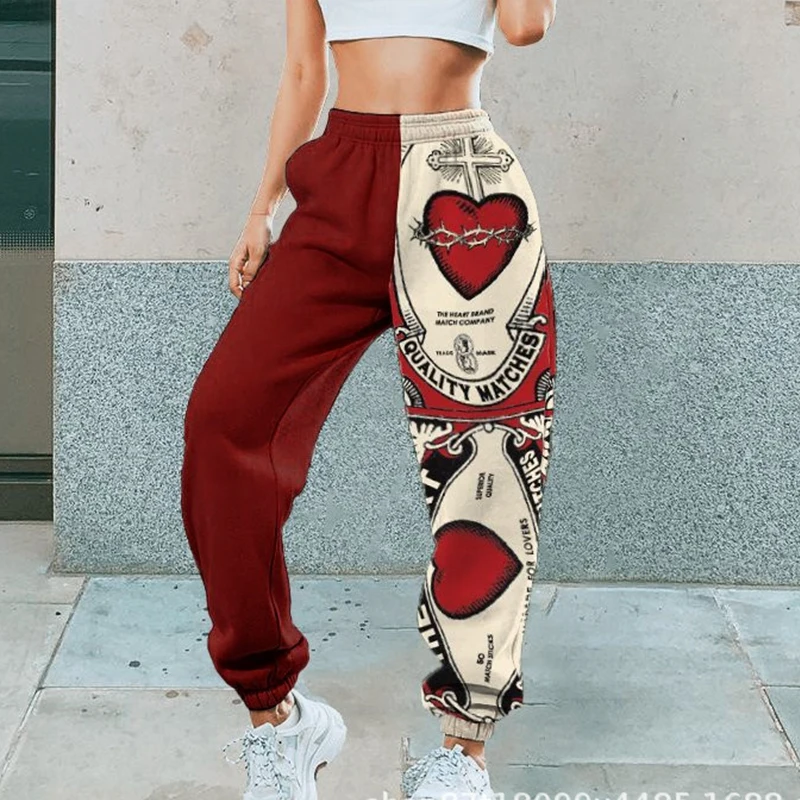 

Red Splicing Heart Print Sweatpants Women Pants Wide Leg Elastic Waist Streetwear England Casual Joggers Women Spring Plus Size