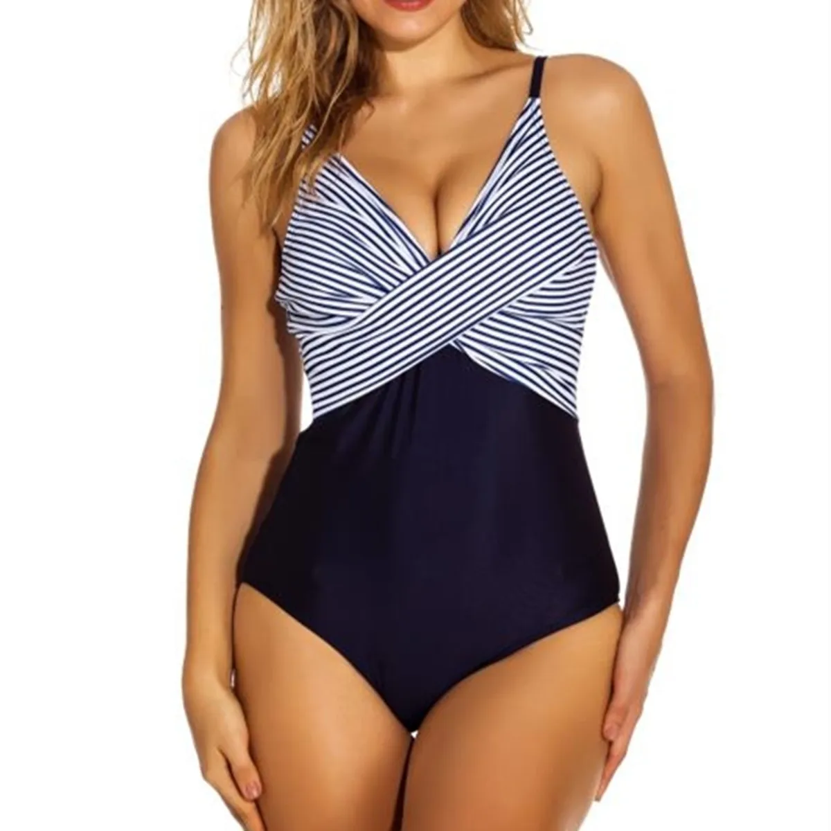 

Blossomora Striped Knot Waist V Neck One-Piece Swimsuit For Women Sexy Backless Monokini 2022 Beach Bathing Suits Swimwear