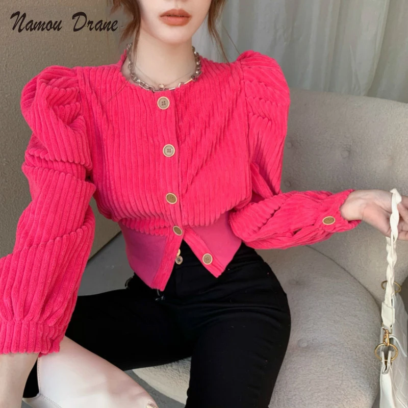 

Namou Drane Corduroy Coat Korean Puff Long Sleeve Women Jacket 2021 Spring New Single Breasted Solid Short Outerwear