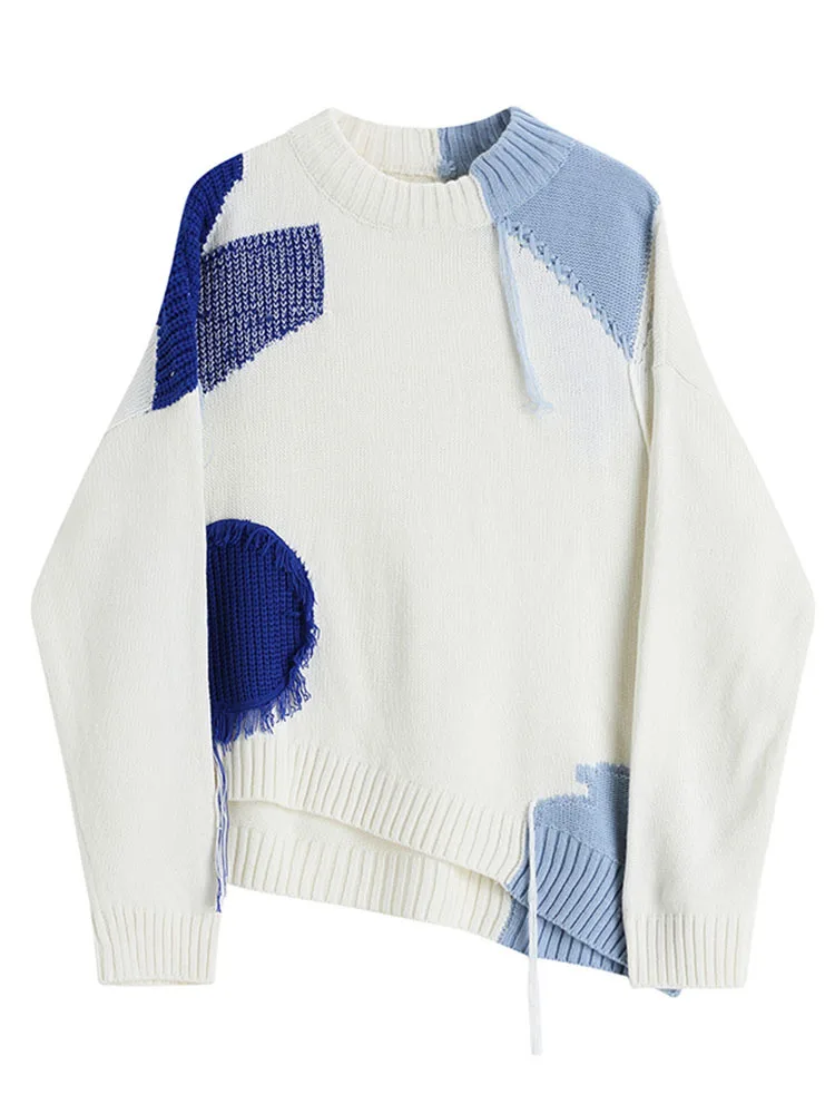 Women Irregular Color-block Knitted Pullovers Sweater Round Neck Long Sleeve Feamle Streetwear Fashion Tide Autumn Winter 2022