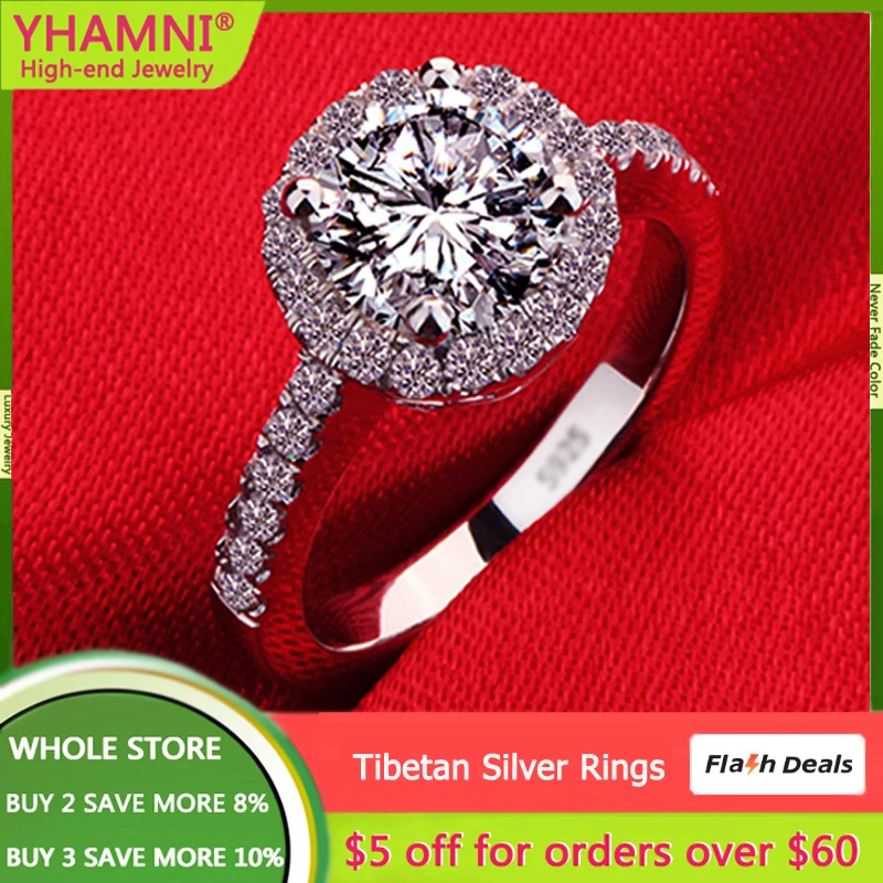 

With Credentials Real Tibetan Silver Rings Simple Sparkling Round Clear CZ Zircon Rings For Women Bride Wedding Accessories
