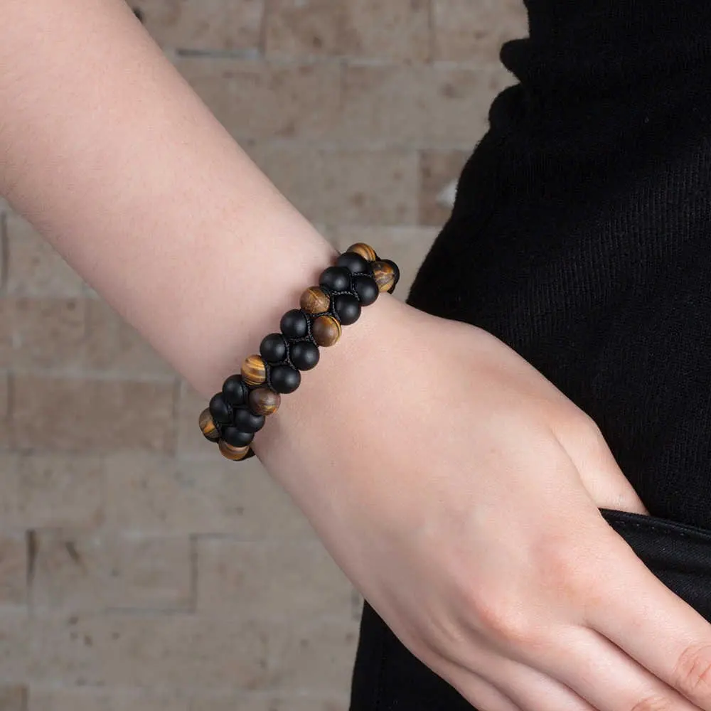 

Nipora Macrame Knitted Double Row Sphere Cut Turtleneck Natural Stone Women's Bracelet
