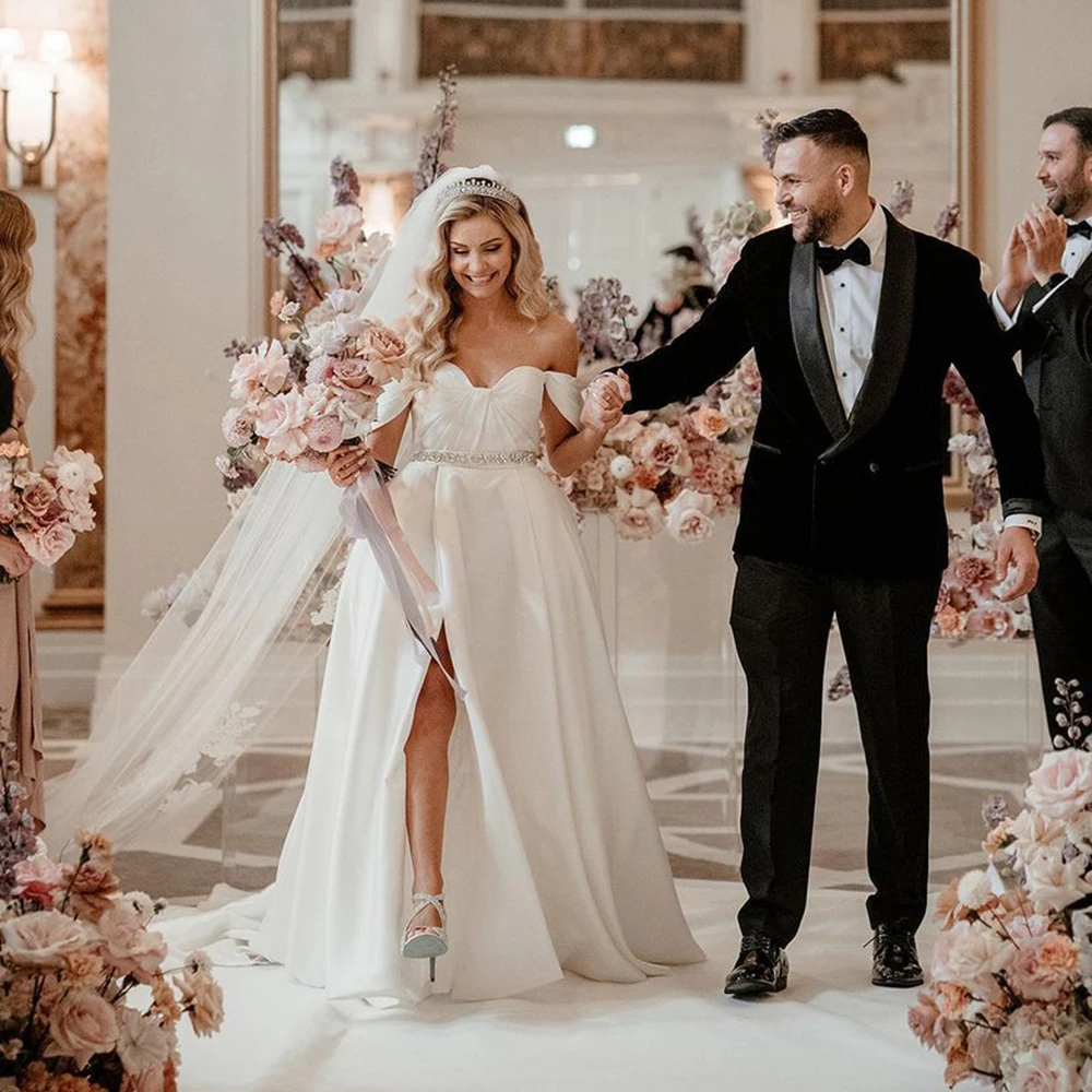 

Msikoods Simple Princess Satin Wedding Dresse 2023 Elegant Side Split Sweetheart Sexy Beads Belt Bridal Gown Sweep Train Women