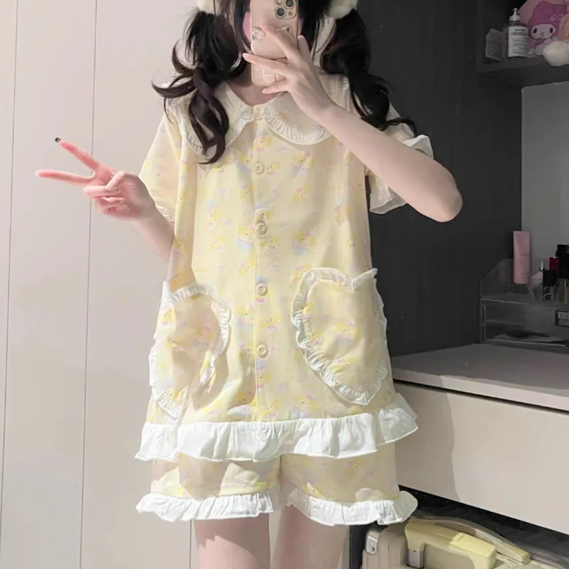 Милая мультяшная одежда для сна с рюшами женщин комплект из 2 предметов корейская