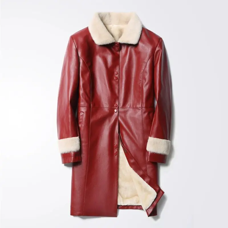 Trendy Women Winter Long Leather Jacket Fleece keeps you warm leather coat Korean version of the popular leather jacket red Tops