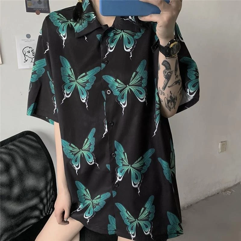 

Hikigawa Chic Fashion Women Harajuku Vintage Loose Butterfly Print Shirts Streetwear Casual Short Sleeve Tops Ropa Mujer Summer