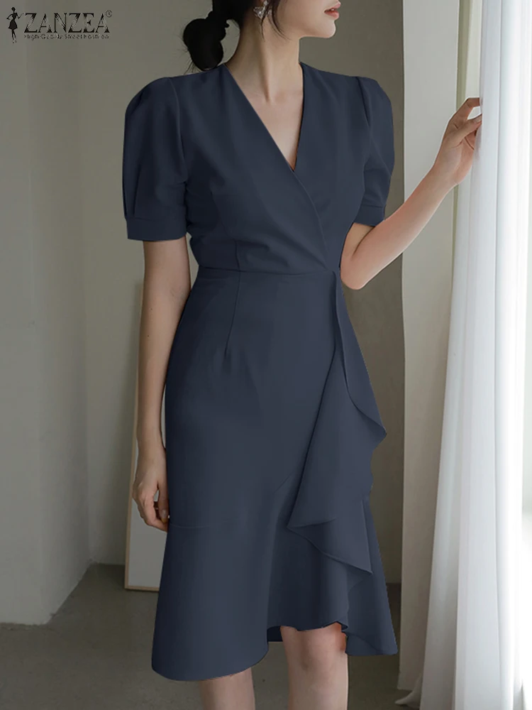 

2023 ZANZEA Summer Women Sundress Fashion Elegant V Neck Short Sleeve Office Work Dress Robe Femme Flounce Hem OL Midi Vestido