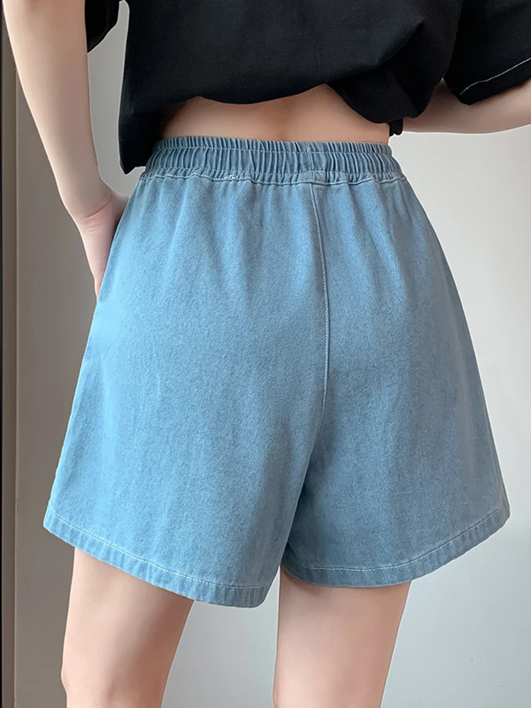 Streetwear Women Wide Leg Lace Up Elastic Waist Denim Shorts Spring Summer Female Loose Retro Jeans Shorts Bottoms