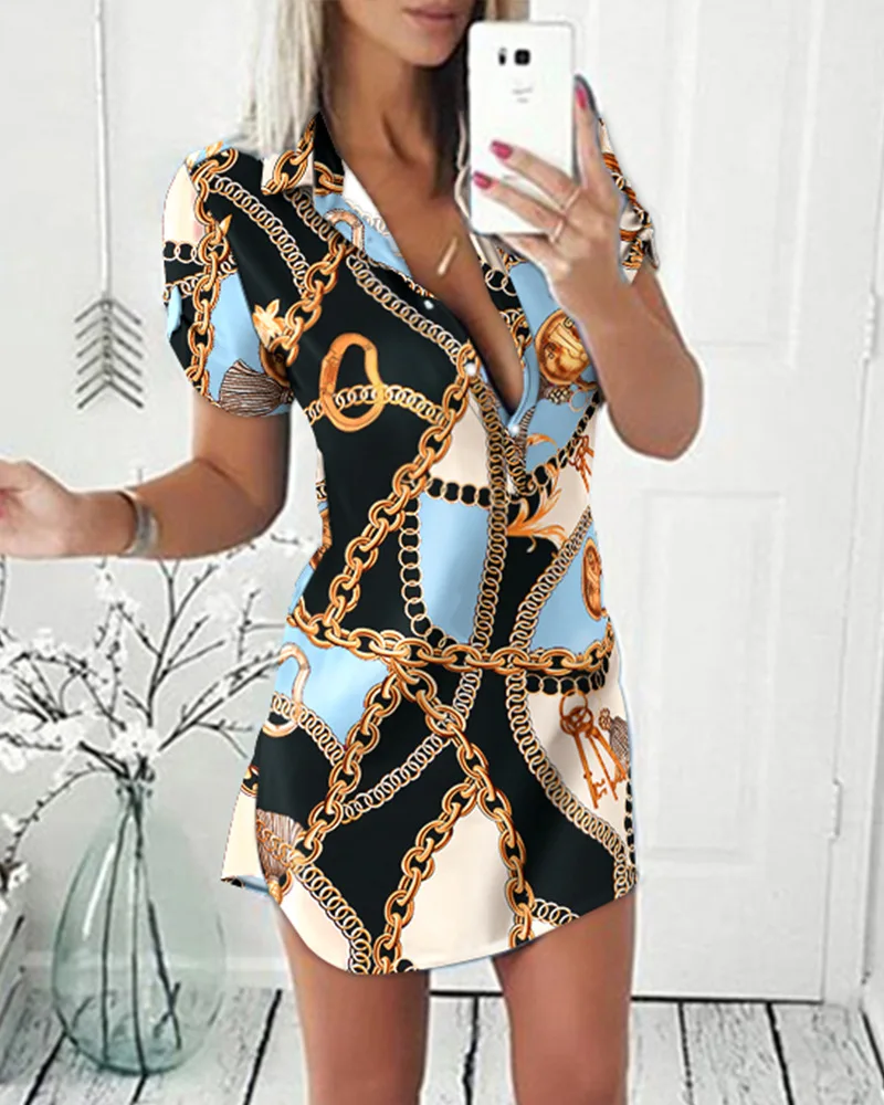 

Long Shirt Dresses 2022 Summer Casual Women Short Sleeve Printed Turn-down Collar Mini Dress