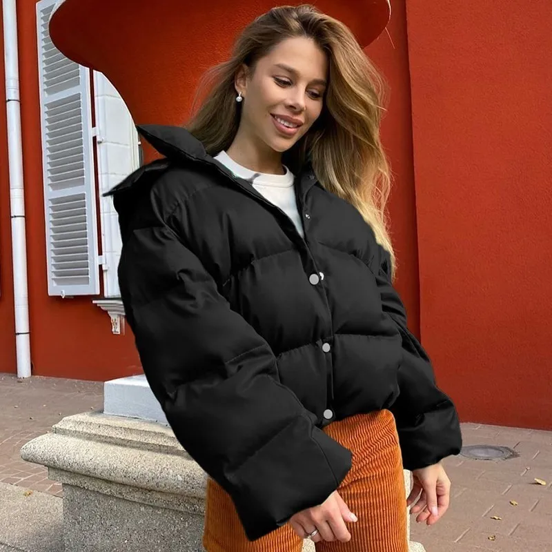 Cotton Jacket Y2K Wild Cotton Warm Hooded Coat Women's Button Solid Pocket Loose Short Jacket Casual Streetwear Outfits Clothing